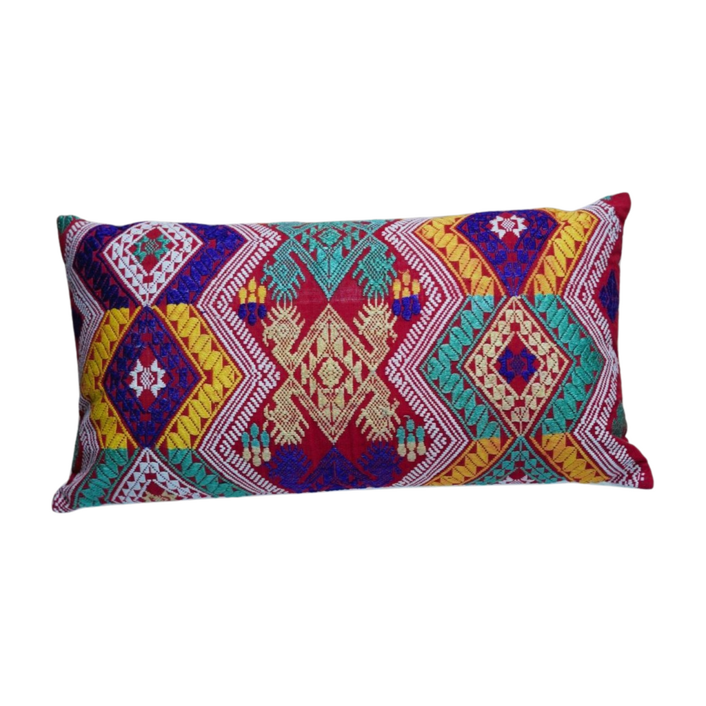 Thai Ethnic Minority Silk Brocade Throw Pillow – Vintage Handwoven Red Pillow Cover